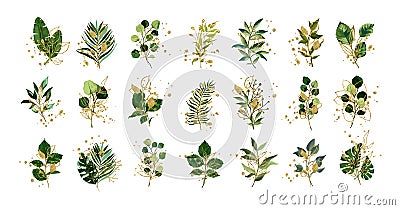 Gold green tropical leaves wedding bouquet with golden splatters isolated Vector Illustration