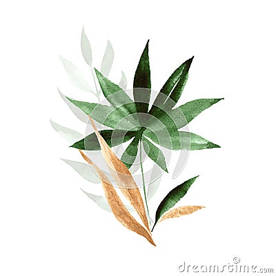 Gold green watercolor leaves bouquet isolated on white background Cartoon Illustration