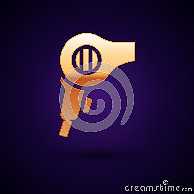 Gold Hair dryer icon isolated on black background. Hairdryer sign. Hair drying symbol. Blowing hot air. Vector Vector Illustration
