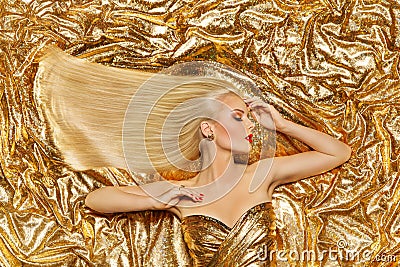 Gold Hair, Fashion Model Golden Straight Hairstyle, Blonde Girl on Shiny Sparkles Stock Photo
