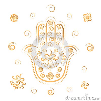 Gold hamsa Arab and Jewish palm-shaped protective amulet. Miriam`s hand, Fatima`s hand, God`s hand Stock Photo