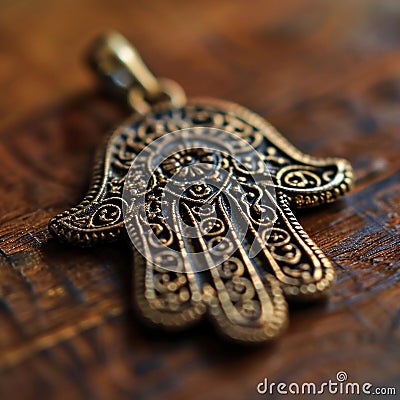 A gold hamsa hand pendant on a wooden table, AI Stock Photo