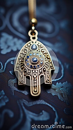 A gold hamsa pendant with blue stones on a blue background, AI Stock Photo