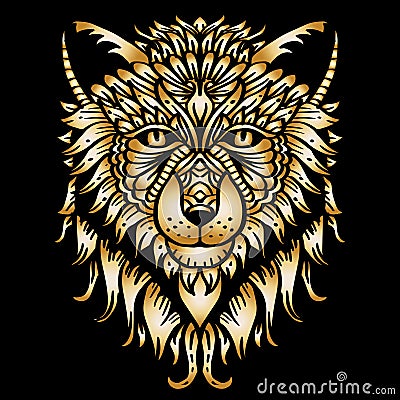 Gold hand drawn zentangle wolf head illustration Cartoon Illustration