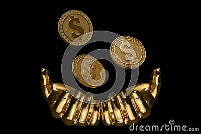 Gold hands on black background. 3D illustration Cartoon Illustration