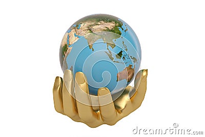 Gold hands keeping holding or protecting globe,3D illustration. Cartoon Illustration