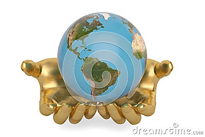 Gold hands keeping holding or protecting globe,3D illustration. Cartoon Illustration