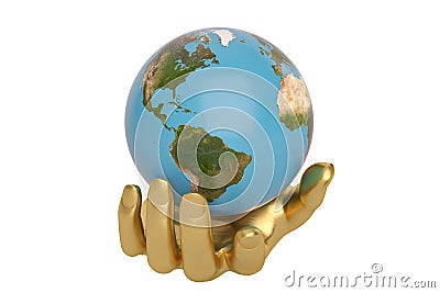 Gold hands keeping holding or protecting globe,3D illustration. Cartoon Illustration