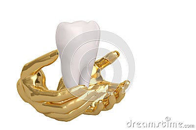 Gold hands keeping holding or protecting tooth,3D illustration. Cartoon Illustration