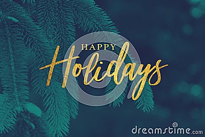 Gold Happy Holidays Christmas Calligraphy Script with Tree Evergreen Background Stock Photo