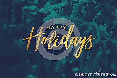 Gold Happy Holidays Script with Duotone Evergreen Branches Background Stock Photo