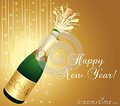 Gold Happy New Year 2024 Greeting card. Champaign bottle. Festive background. Vector illustration. Vector Illustration