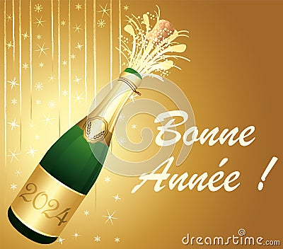 Gold Happy New Year 2024 Greeting card. French language. Champaign bottle. Festive background. Vector illustration. Vector Illustration