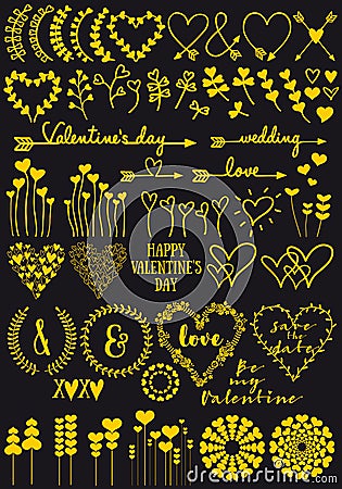 Gold heart flowers, vector hand drawings Vector Illustration