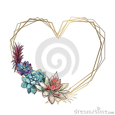 Gold heart frame with succulents. Valentine. Watercolor.Graphics. Vector. Vector Illustration