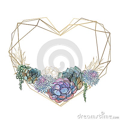 Gold heart frame with succulents. Valentine. Watercolor.Graphics. Vector. Vector Illustration