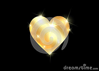 Gold heart icon. Isolated golden heart on a black background. Happy Valentine`s day greeting card template, concept of precious Vector Illustration