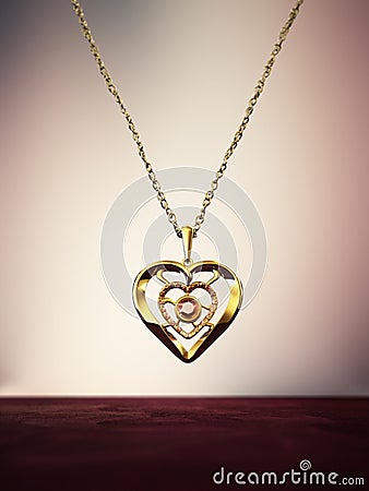 Gold heart necklace decorated with ruby gemstones Stock Photo