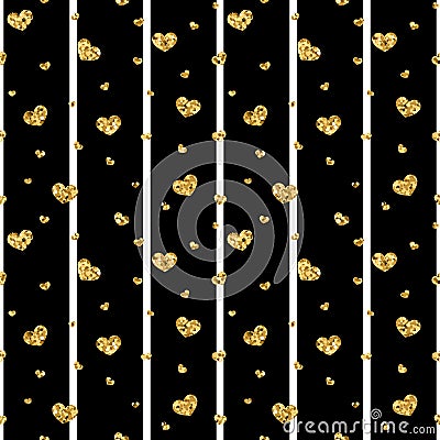 Gold heart seamless pattern. Black-white geometric stripes, golden confetti-hearts. Symbol of love, Valentine day Vector Illustration