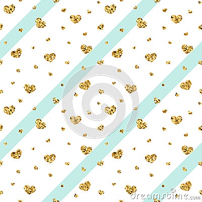 Gold heart seamless pattern. Blue-white geometric stripes, golden confetti-hearts. Symbol of love, Valentine day holiday Vector Illustration