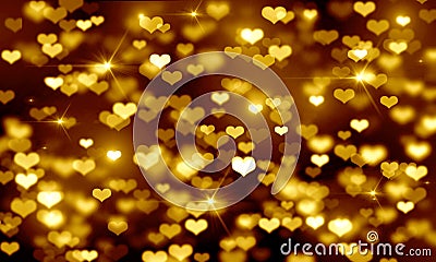 Gold hearts on black background, blurred bokeh background, yellow, bright, glitter, holiday, gold, lights, radiance, Valentine`s Stock Photo
