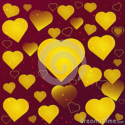 Gold hearts on a maroon background abstraction Vector Illustration