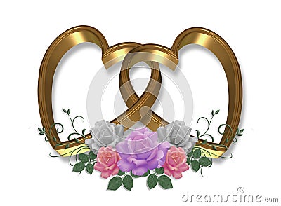 Gold Hearts and Roses 3D Cartoon Illustration
