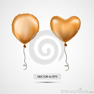 Gold helium balloons set.Vector illustration.Metalic golden air balloons, heart and round shape. on white. For Vector Illustration
