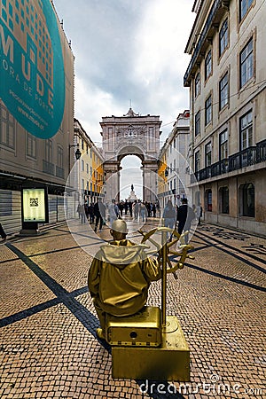 Golden Helmsman Living Statue, Street Performer in Rua Augusta, Lisbon Editorial Stock Photo