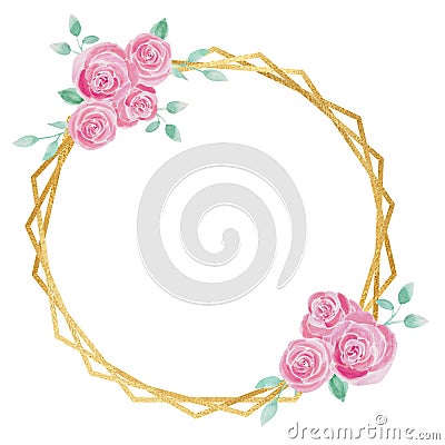 Gold heptagon frame with watercolor flower illustration Stock Photo