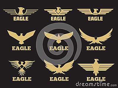 Gold heraldic eagles logo collection on black background Vector Illustration