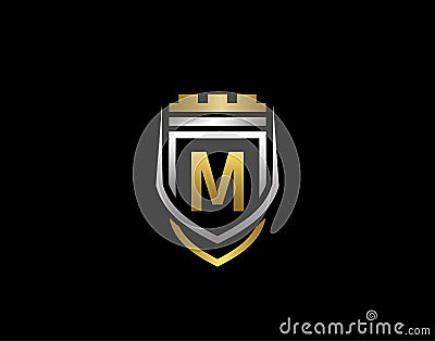 Gold Heraldic M Letter Monogram. Elegant retro minimal shield Shape. Crown, Castel, Kingdom Logo Design Vector Illustration