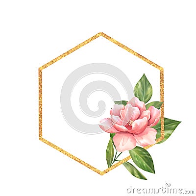 Gold hexagonal frame with flower. Floral design. Stock Photo