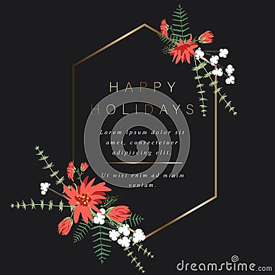 Gold hexagonal template for your text, decoration of flowers, berries, leaves and other plants. Vector Illustration