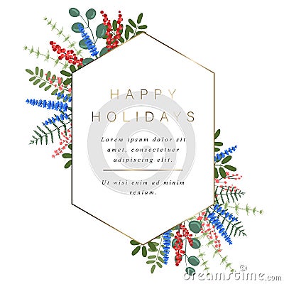 Gold hexagonal template for your text, decoration of flowers, berries, leaves and other plants. Vector Illustration