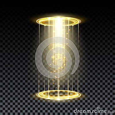 Gold hologram portal. Magic fantasy portal. Magic circle teleport podium with hologram effect. Vector gold glow rays Stock Photo