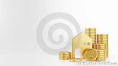 Gold home and coins on white background 3D render Stock Photo