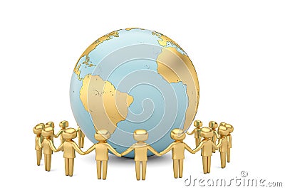 Gold human character holding hands around the globe world community concept high quality 3D illustration Cartoon Illustration