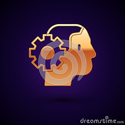 Gold Humanoid robot icon isolated on black background. Artificial intelligence, machine learning, cloud computing Vector Illustration