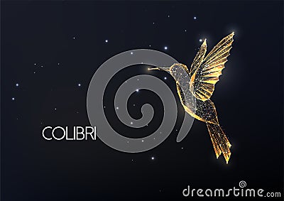 Gold hummingbird made of lines, dots, circles and polygons isolated on black background. Vector Illustration