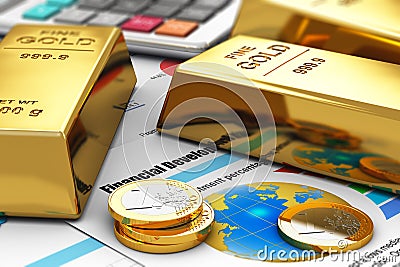 Gold ingots and coins on financial reports Stock Photo