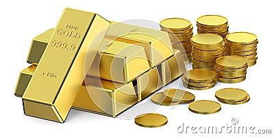 Gold ingots and coins Stock Photo