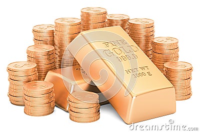 Gold ingots and golden coins, 3D rendering Stock Photo