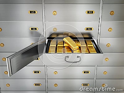 Gold ingots inside private bank deposit box. 3D illustration Cartoon Illustration