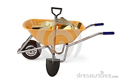 Gold ingots on wheelbarrow and shovel on white background 3D ill Cartoon Illustration