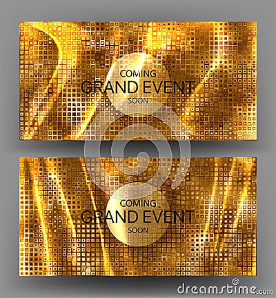 Gold invitation banners with textured pleated fabric. Vector Illustration