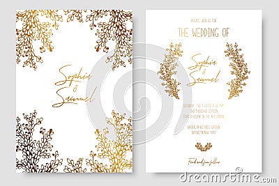 Gold invitation with floral branches. Gold cards templates for save the date, wedding invites, greeting cards, postcards. Vector Illustration