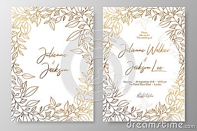 Gold invitation with frame of leaves. Gold cards templates for save the date, wedding invites, greeting cards, postcards, thank yo Vector Illustration