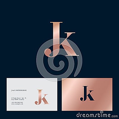 Gold J and K monogram. J, K letters combined. Logo for beauty care, jewelry, lingerie or cosmetics. Vector Illustration