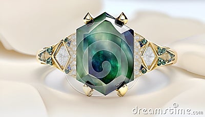 Gold Jade Ring with a Sapphire Hexagon and Diamonds Stock Photo